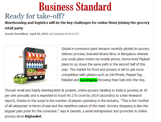 Justshop24 on Business Standards Online Grocery Kolkata